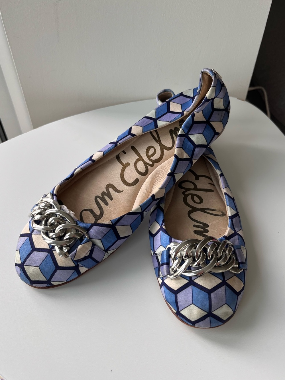 Sam Edelman Blue and White Geometric Chain-Detail Carmen Ballet Flats